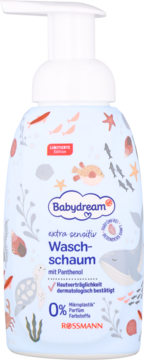 Pianka do mycia Babydream Extra Sensitive z pantenolem w białej butelce z morskimi grafikami zwierząt, przód.