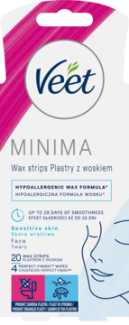 Veet Minima hipoalergiczne plastry woskowe do depilacji twarzy, skóra wrażliwa, biało-różowe opakowanie, widok z przodu.