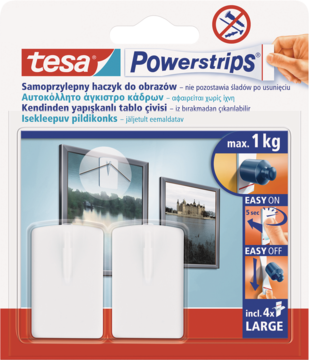 Tesa Powerstrips haczyki samoprzylepne do obrazów, widok opakowania z dwoma białymi haczykami w środku, maks. 1 kg.