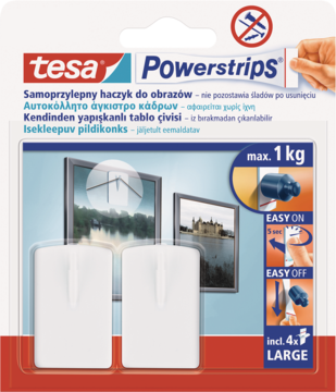 Tesa Powerstrips haczyki samoprzylepne do obrazów, widok opakowania z dwoma białymi haczykami w środku, maks. 1 kg.