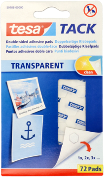 tesa TACK przezroczyste dwustronne podkładki samoprzylepne, 72 sztuki, widok opakowania z przodu.