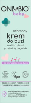 ONLYBIO baby ochronny krem do buzi w miętowym opakowaniu, z różowymi flamingami, widok z przodu.