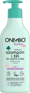 ONLYBIO baby delikatny szampon i żel do mycia ciała w jasnoniebieskiej butelce z zieloną pompką, widok przód.