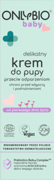 ONLYBIO baby delikatny krem do pupy przeciw odparzeniom w pastelowej zielonej tubce, widok z przodu.