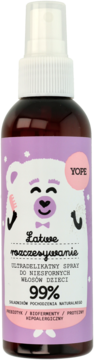 YOPE spray dla dzieci do rozczesywania włosów, brązowa butelka z fioletową etykietą i misiem, widok z przodu.