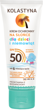 Kolastyna krem ochronny na słońce SPF 50 dla dzieci i niemowląt, biało-turkusowa tubka, widok z przodu.