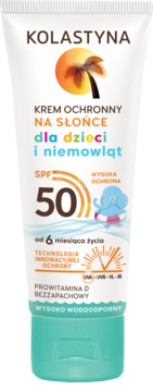 Kolastyna krem ochronny na słońce SPF 50 dla dzieci i niemowląt, biało-turkusowa tubka, widok z przodu.