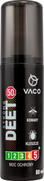 Spray Vaco Strong DEET 50, płyn na komary i kleszcze, czarna butelka, moc ochrony 5/5.