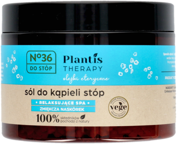 Sól do kąpieli stóp Plantis Therapy w ciemnym słoiku z niebiesko-beżową etykietą, widok z przodu.