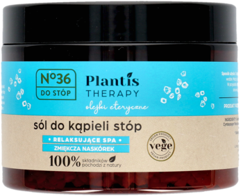Sól do kąpieli stóp Plantis Therapy w ciemnym słoiku z niebiesko-beżową etykietą, widok z przodu.