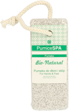 PumiceSPA BIO Naturalny pumeks do dłoni i stóp, szary z czarnymi drobinkami, z zieloną etykietą i sznurkiem.
