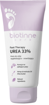 Fioletowo-biała tubka kremu do stóp Biotinne Care Urea 33%, z napisem Foot Therapy, widok z przodu.