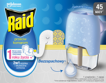 Raid elektrofumigator na komary 45 nocy, niebieskie urządzenie z zapasem płynu, dla dzieci 1+, bezzapachowy.