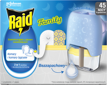 Niebiesko-żółte opakowanie Raid Family elektrofumigatora na komary. Widok z przodu, urządzenie z wzorem gwiazd i księżyców, bezzapachowe.