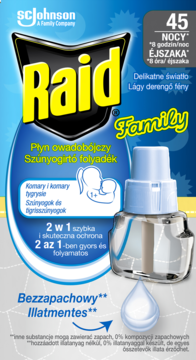 Niebieskie opakowanie Raid Family elektrofumigatora 45 nocy, z widocznym wkładem bezzapachowym.