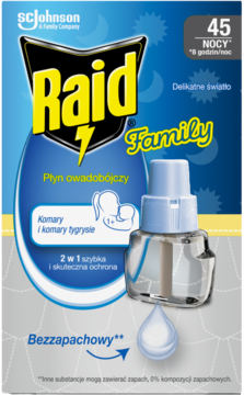 Raid Family płyn owadobójczy, elektrofumigator na 45 nocy, bezzapachowy, widok z przodu kartonowego opakowania.
