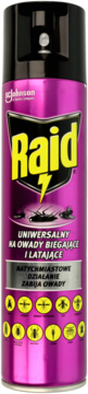 Raid uniwersalny aerozol na owady latające i biegające, magenta metaliczna puszka, żółte logo, widok z przodu.