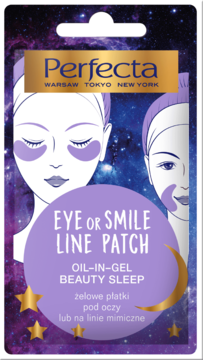 Perfecta Eye or Smile Line Patch OIL-IN-GEL Beauty Sleep, fioletowe opakowanie z grafiką twarzy, widok z przodu.