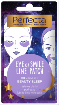 Perfecta Eye or Smile Line Patch OIL-IN-GEL Beauty Sleep, fioletowe opakowanie z grafiką twarzy, widok z przodu.