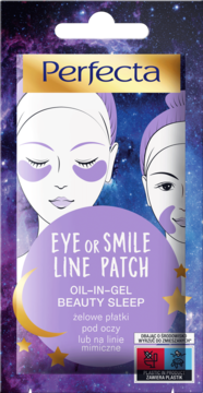 Perfecta Eye or Smile Line Patch Oil-in-Gel, fioletowe płatki żelowe do twarzy w saszetce, widok z przodu.