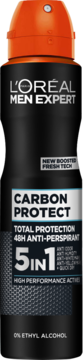 L'Oréal Men Expert Carbon Protect 5-w-1, czarny dezodorant anti-perspirant z pomarańczową nakładką, widok z przodu.