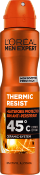 Pomarańczowy antyperspirant L'Oréal Men Expert Thermic Resist z ochroną 48H i efektem 45°C, widok z przodu.