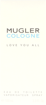 Białe opakowanie perfum Mugler Cologne Love You All, z niebieskim napisem na froncie, widok z przodu.