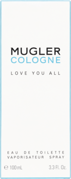 Biały kartonik Mugler Cologne Love You All 100ml, z błękitnym napisem COLOGNE, widok z przodu.
