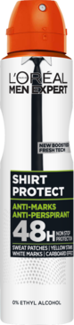 Biała puszka antyperspirantu L'Oréal Men Expert Shirt Protect z pomarańczową nakrętką i napisem 48H, widok z przodu.