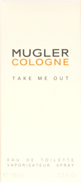 Białe opakowanie perfum Mugler Cologne Take Me Out, Eau de Toilette 100ml, z pomarańczowym napisem.