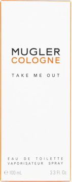 Białe pudełko perfum Mugler Cologne Take Me Out, 100 ml, z pomarańczowym obramowaniem, widok z przodu.