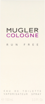 Mugler Cologne Run Free Eau de Toilette box, off-white with black, purple and gray text, front view.