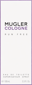 Mugler Cologne Run Free eau de toilette 100ml, białe pudełko z fioletowymi napisami, widok z przodu.