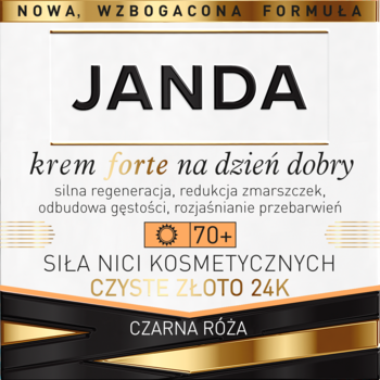 JANDA krem forte 70+ z czystym złotem 24K, na dzień, regeneracja, redukcja zmarszczek, zbliżenie na opakowanie.