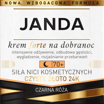 Janda krem forte na dobranoc 70+ z 24K złotem, nowa formuła, czarna róża, biało-czarno-złote opakowanie.