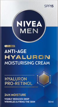 NIVEA MEN Anti-Age Hyaluron krem nawilżający SPF15 w granatowym pudełku z metalicznym logo i złotym napisem, widok z przodu. Redukuje zmarszczki.
