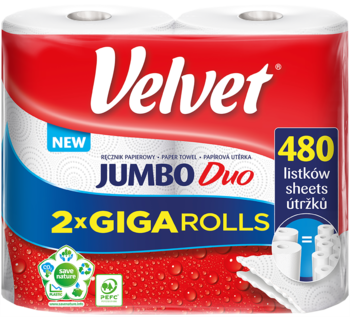 Velvet Jumbo Duo ręcznik papierowy, 2 GIGA rolki, biało-czerwone opakowanie, 480 listków.