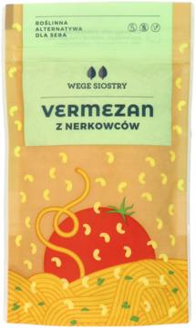 Wege Siostry Vermezan z nerkowców, roślinna alternatywa sera w pomarańczowej torebce z grafiką makaronu, widok z przodu.