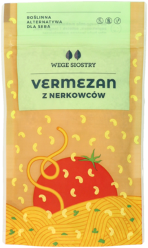 Wege Siostry Vermezan z nerkowców, roślinna alternatywa sera w pomarańczowej torebce z grafiką makaronu, widok z przodu.