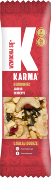 Czerwony baton Karma Nerkowiec Jabłko Berberys wzmacniający, z widocznymi orzechami i owocami, front.