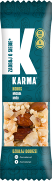 Baton Karma Kokos Migdał Miód z miedzią i witaminą E, w turkusowym opakowaniu, widok z przodu, z widocznymi migdałami.