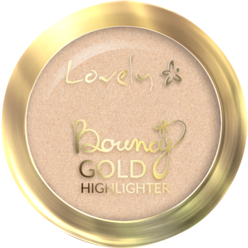 Złoty rozświetlacz Lovely Bouncy Gold w okrągłym, metalicznym kompakcie. Zbliżenie na jasny, perłowy odcień z logo.