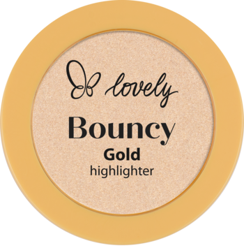 Rozświetlacz lovely Bouncy Gold w otwartym, okrągłym, złotym opakowaniu, widok z góry. Jasnozłoty, błyszczący puder.
