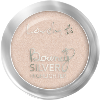 Lovely Bouncy Silver Highlighter, jasny, lśniący rozświetlacz w okrągłej srebrnej kasetce, widok z góry.