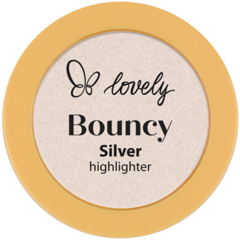 Okrągły rozświetlacz Lovely Bouncy Silver w złotym opakowaniu. Beżowy puder z nazwą 'Lovely Bouncy', widok z góry.