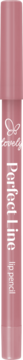 Różowa kredka do ust Lovely Perfect Line nr 5, widok z przodu, z rozmytym białym napisem na matowym tle.
