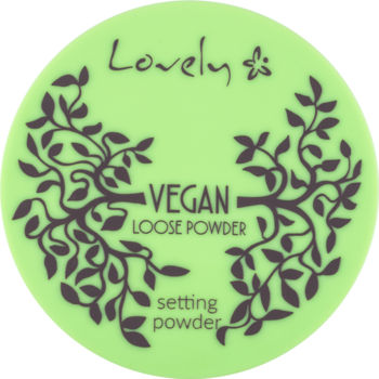 Okrągły, jasnozielony puder sypki Lovely Vegan Loose Powder, z napisem "setting powder" i motywem liści.