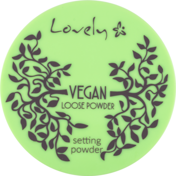 Okrągły, jasnozielony puder sypki Lovely Vegan Loose Powder, z napisem "setting powder" i motywem liści.