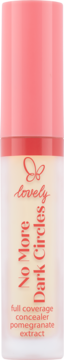 Korektor Lovely No More Dark Circles, beżowy, różowa zakrętka, pełne krycie z granatem, widok z przodu.