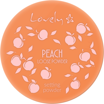 Pomarańczowy, okrągły puder Lovely Peach Loose Powder, widok z góry, z białymi brzoskwiniami i napisem.